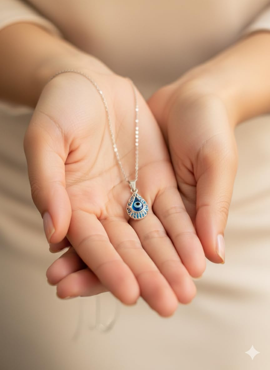 MYSTIC JEWELS - Collar de Mal de Ojo en Plata de Ley 925 - Colgante de Gota con Filigrana Artesanal y Cristal Azul - Amuleto de Protección Ajustable 40-45cm - Joyería Boho para Regalo