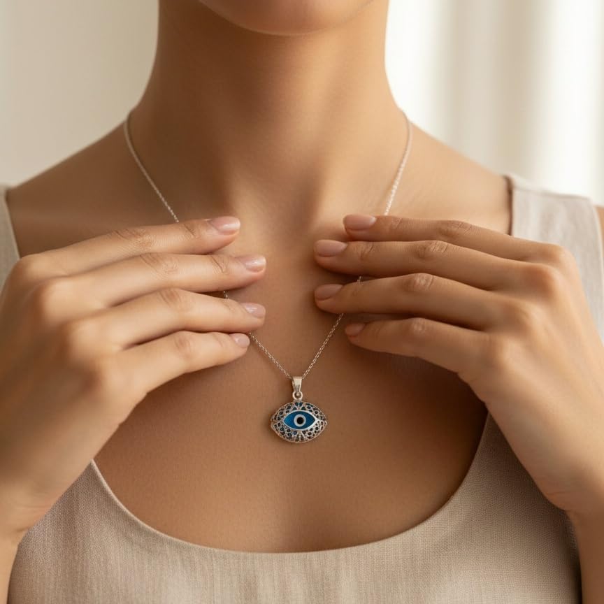 MYSTIC JEWELS - Collar Mal de Ojo Mujer en Plata de Ley 925 con Cristal – Colgante Ojo Turco Filigrana, Amuleto de Protección, Regalo Elegante (Ojo)
