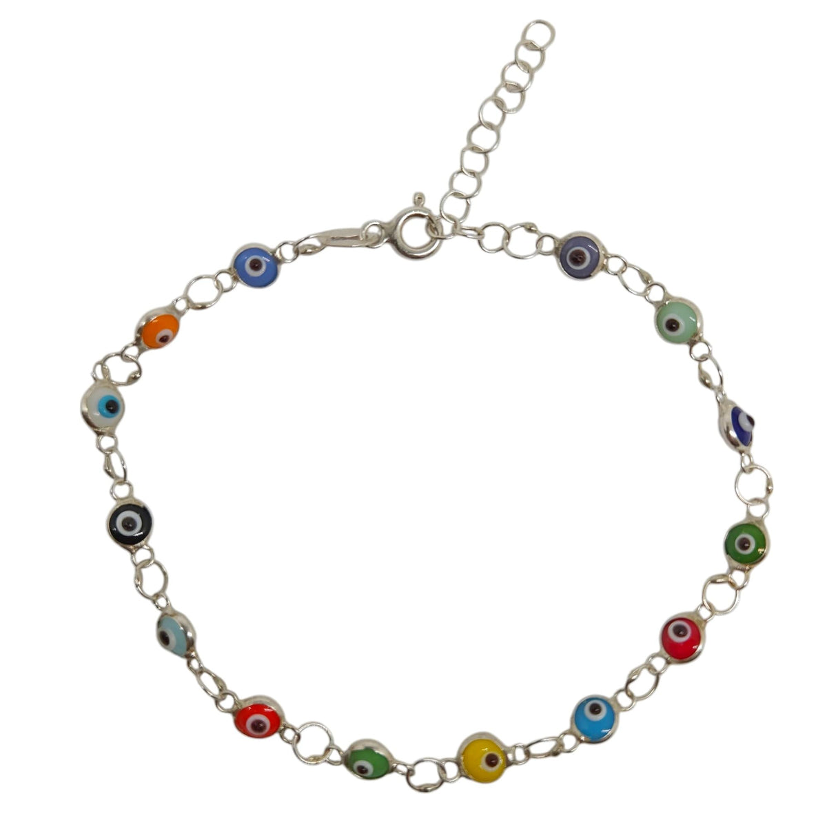 MYSTIC JEWELS - Pulsera de Plata de Ley 925 con Ojitos de la Buena Suerte, 14 Ojitos de 4 mm, con Extensión de Cadena (Multicolor)