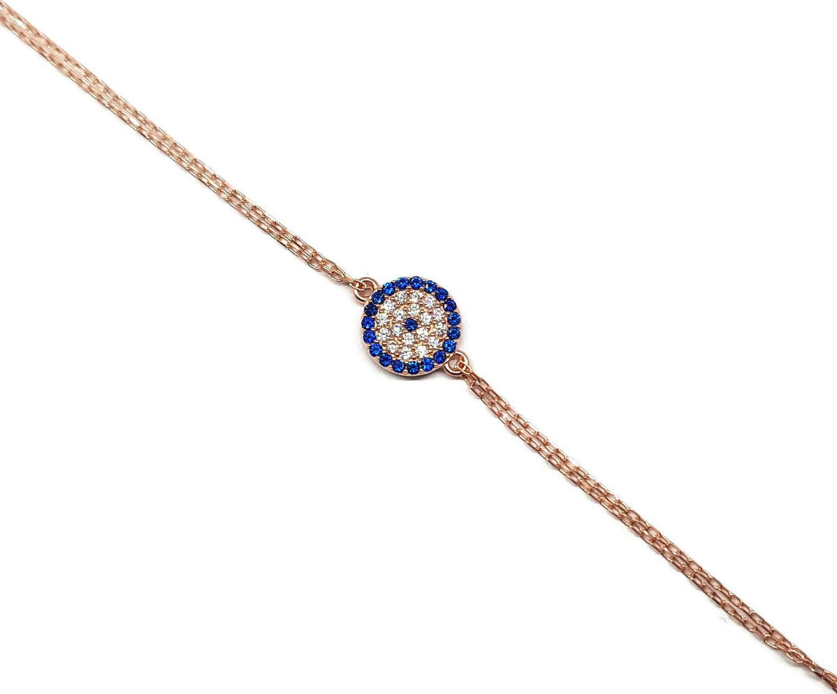 MYSTIC JEWELS by Dalia - Pulsera de ojo turco motif circonitas - double cadena 16-18 cm ajustable (Rosado)