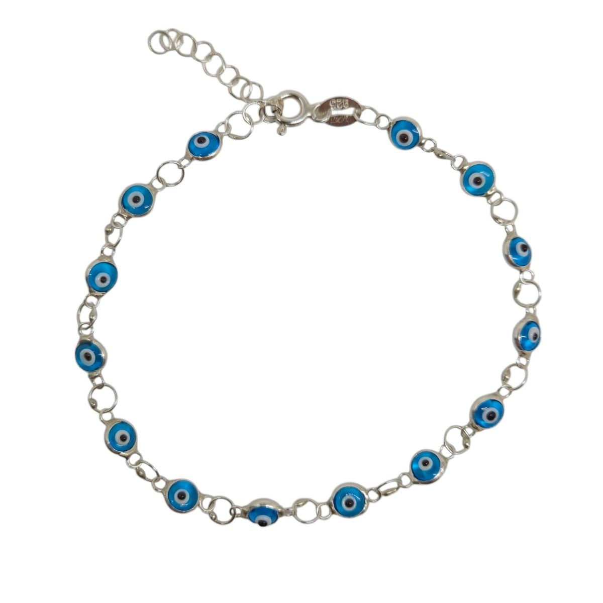 MYSTIC JEWELS - Pulsera de Plata de Ley 925 con Ojitos de la Buena Suerte, 14 Ojitos de 4 mm, con Extensión de Cadena