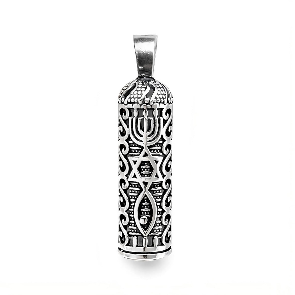 MYSTIC JEWELS - Colgante de Mezuzá en Plata de Ley 925 – Inscripción del Shemá Israel en Hebreo (Incluye Bolsa de Regalo (Tres Símbolos)