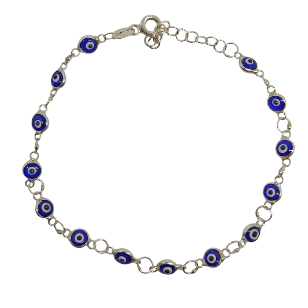MYSTIC JEWELS - Pulsera de Plata de Ley 925 con Ojitos de la Buena Suerte, 14 Ojitos de 4 mm, con Extensión de Cadena (Azul Marino)