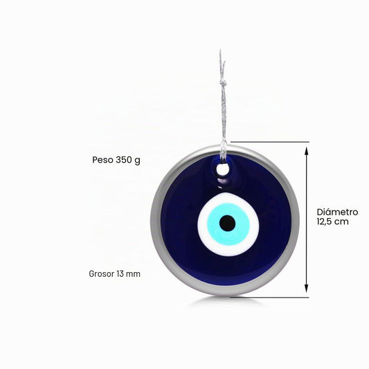 MYSTIC JEWELS - Ojo Turco Grande 12 cm Approx con Agujero, Cristal contra el Mal de Ojo, Azul y Blanco, Encantos de Buena Suerte para Colgar en La Pared (Plateado)