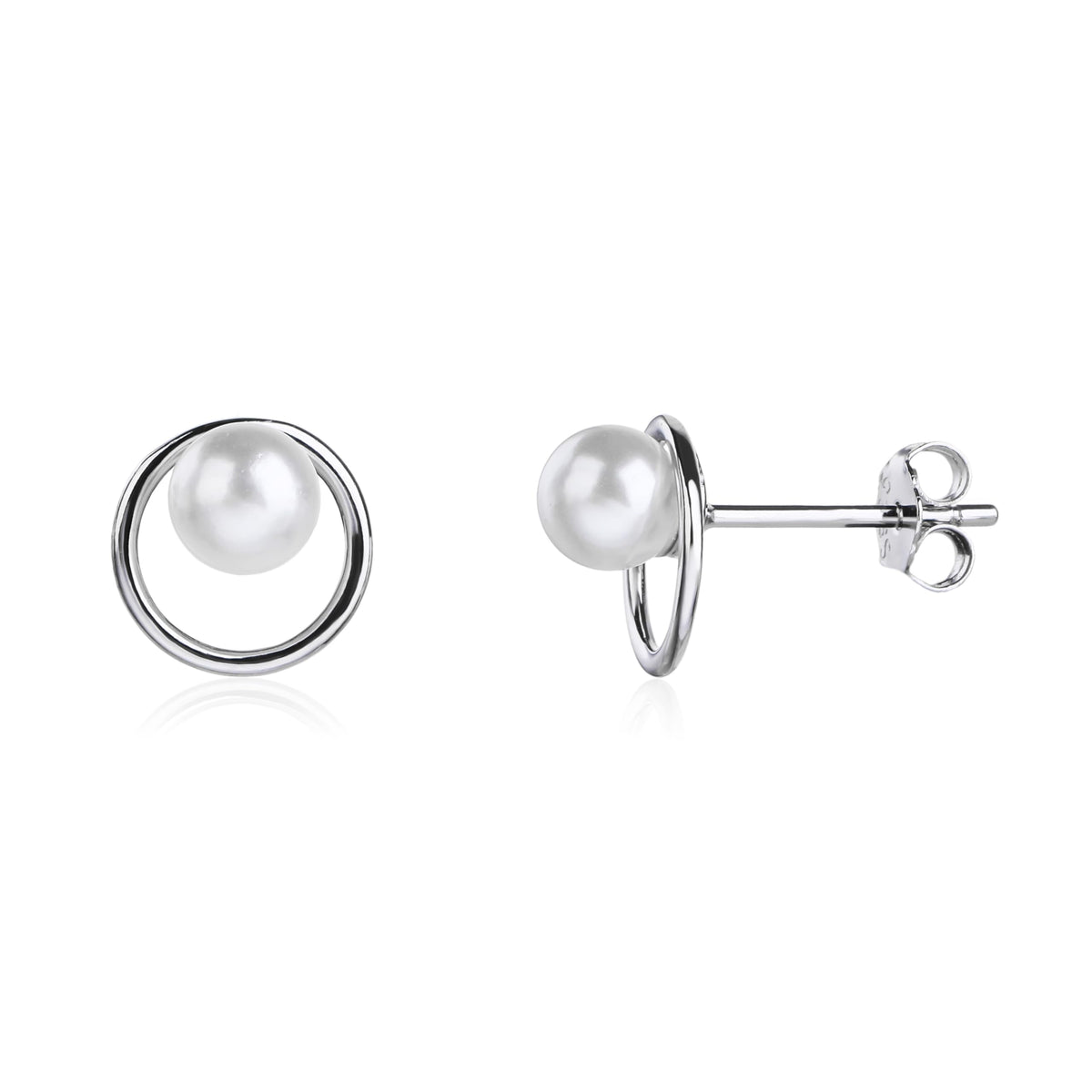 MYSTIC JEWELS - Pendientes de Plata de Ley 925, Diseño Circular con Perla, Studs Elegantes para Mujer, 10 mm
