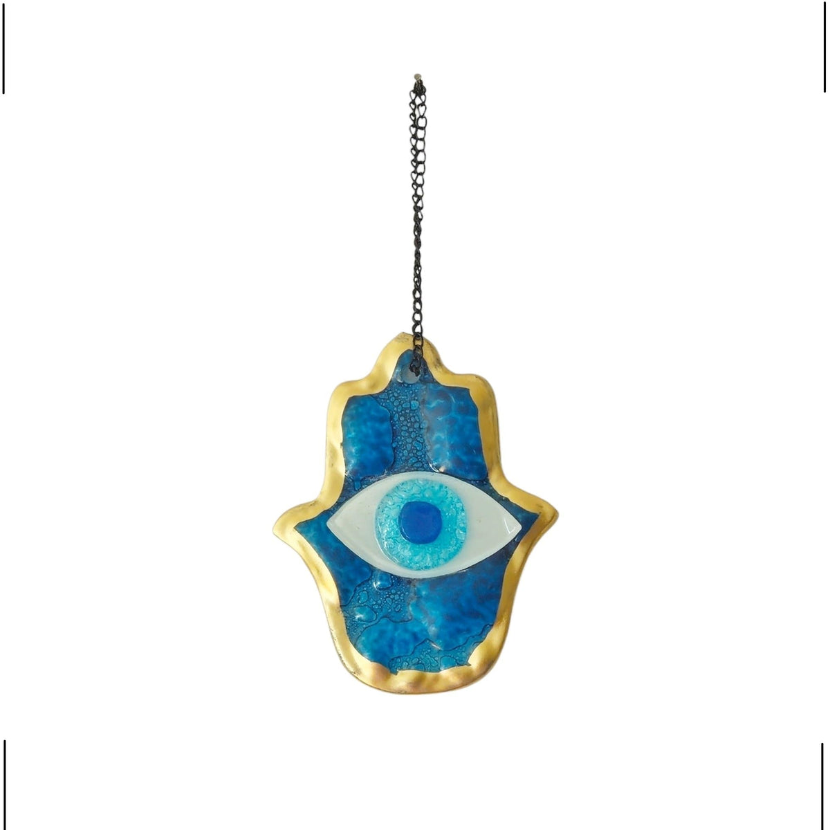 MYSTIC JEWELS - Adorno de Pared Vidrio, Ojo Turco y Mano de Fátima, Azul, Marco Dorado, Tres Tamaños, para Buena Suerte