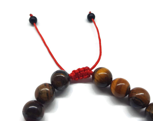 MYSTIC JEWELS By Dalia - Pulsera Chakras 19 Pedazos de Piedra Ojo de Tigre 8mm Lana Roja Ajustable Muñeca de Mala de Rezo Budista Tibetano Unisex Pulsera Bolas