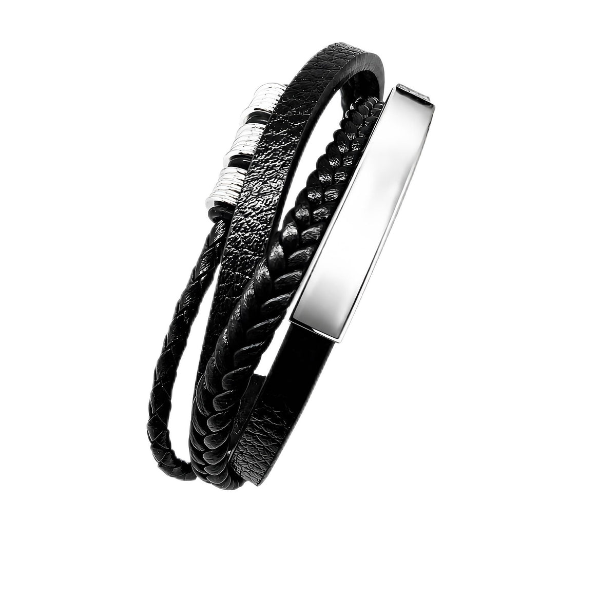 MYSTIC JEWELS Pulsera de Cuero para Hombre Acero Inoxidable Negro