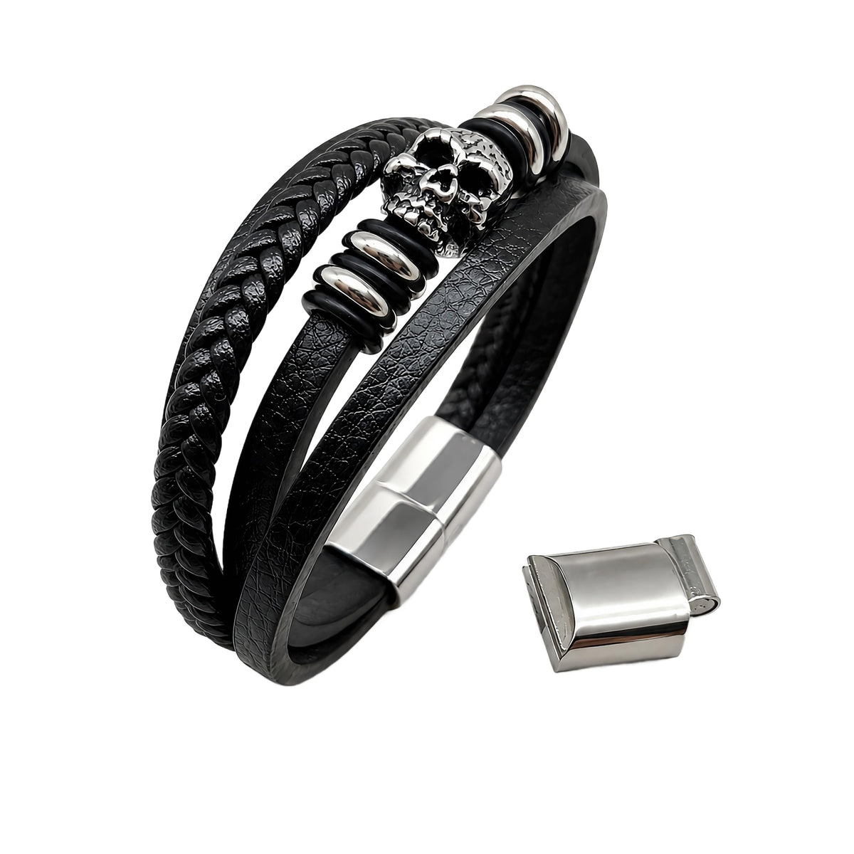 MYSTIC JEWELS - Pulsera de Cuero para Hombre en Acero Inoxidable - Negro - Ajustable - Diseño Moderno con Cajita de Regalo