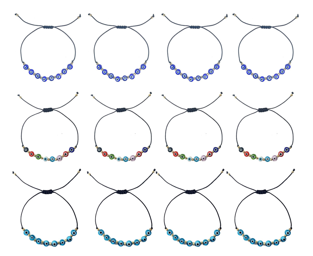 MYSTIC JEWELS - Pulsera Ojo Turco Ajustable – Pack 12 Pulseras de Hilo con Ojos Turcos de Cristal - Pulsera de Protección Unisex – Ajustable 13–21 cm (Surtido (12 piezas))