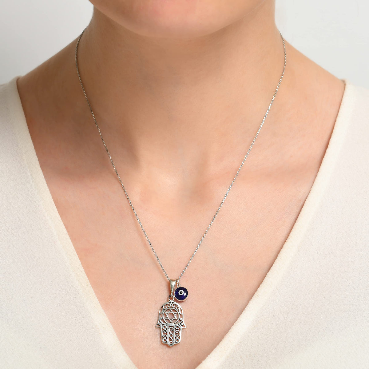 MYSTIC JEWELS By Dalia - Collar Hamsa de Plata de ley 925 con un dije de mal de ojo de 7 mm colgando (Estrella de David)