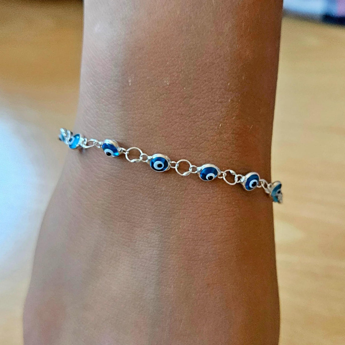 MYSTIC JEWELS - Pulsera de Plata de Ley 925 con Ojitos de la Buena Suerte, 14 Ojitos de 4 mm, con Extensión de Cadena