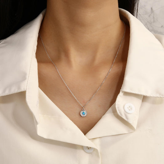 MYSTIC JEWELS - Collar de Plata let 925 - Colgante de Ópalo Sintético Azul y Circonitas, Cadena Delicada, Diseño Minimalista, Joya para Mujer
