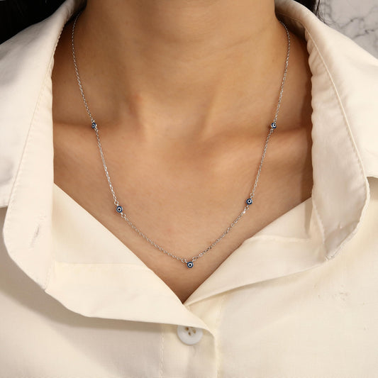 MYSTIC JEWELS – Collar de Plata de ley 925 con 5 Ojos Turcos Esmaltados Azul Marino – Diseño Minimalista 42 + 3 cm – Con Bolsita de Regalo
