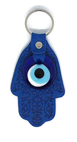MYSTIC JEWELS by Dalia - Turkish Eye Keychain in the Shape of a Hamsa and in Crystal and Leather - for Good Luck and Evil Eye - Size 12 X 5 cm (Blue)