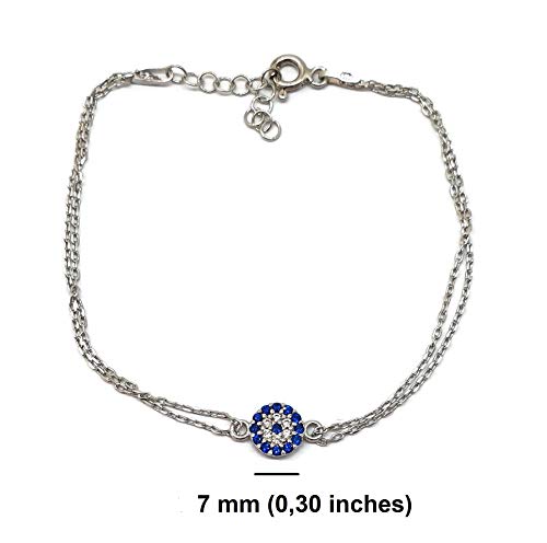 Mystic Jewels by Dalia - Small Turkish Eye Motif Zircon Bracelet - Double Chain 16-18 cm Adjustable (Silver)