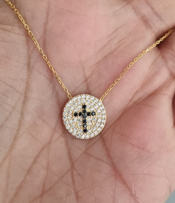 Black Cross Crystal Evil Eye Necklace with white zircons around for Good Luck - 925 Sterling Silver - Chain 40 to 45 cm Length, for Christmas, Wedding, Valentine's Day