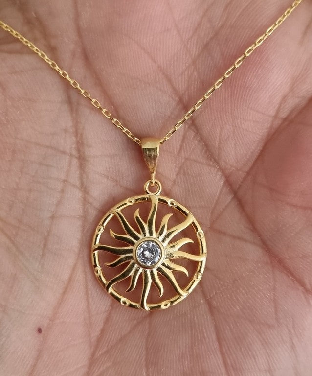 Collier - Argent Sterling 925 - Chaîne de 40 à 45 cm de longueur, en forme de soleil avec un zircon au milieu