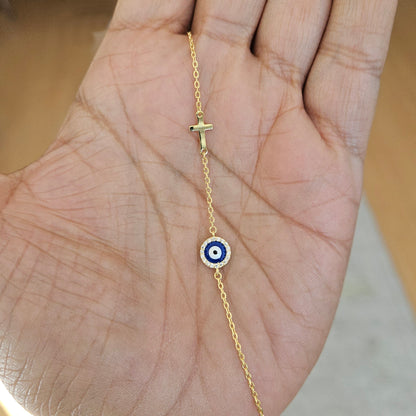 Pulsera de Plata de ley 925 - Bañada en Oro con Cruz y Ojo Turco – Diseño Minimalista con Circonitas – Ajustable 16 + 3 cm