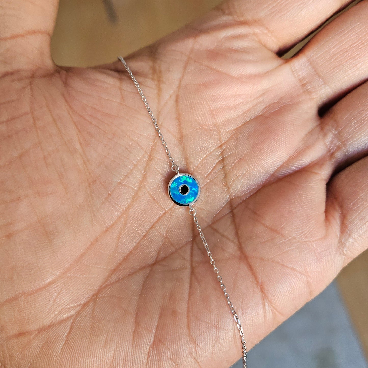 Pulsera Ojo Turco de Ópalo Sintético – Plata de ley 925 con Baño de Rodio – Diseño Redondo Elegante – Ajustable 16 + 3 cm – Con Bolsita de Regalo