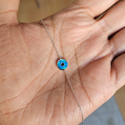 Pulsera Ojo Turco de Ópalo Sintético – Plata de ley 925 con Baño de Rodio – Diseño Redondo Elegante – Ajustable 16 + 3 cm – Con Bolsita de Regalo