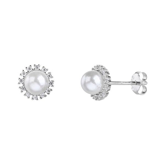MYSTIC JEWELS - Pendientes de Perla 8 mm con Circonitas en Plata de Ley 925 – Studs Elegantes Minimalistas para Mujer – Cierre de Presión