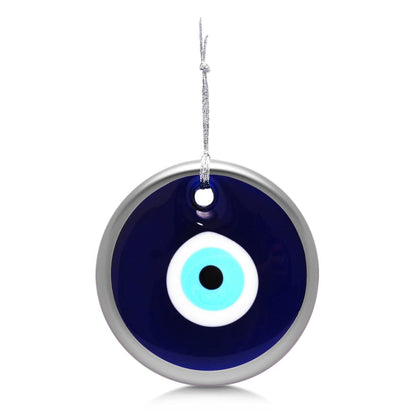 MYSTIC JEWELS - Ojo Turco Grande 12 cm Approx con Agujero, Cristal contra el Mal de Ojo, Azul y Blanco, Encantos de Buena Suerte para Colgar en La Pared (Plateado)