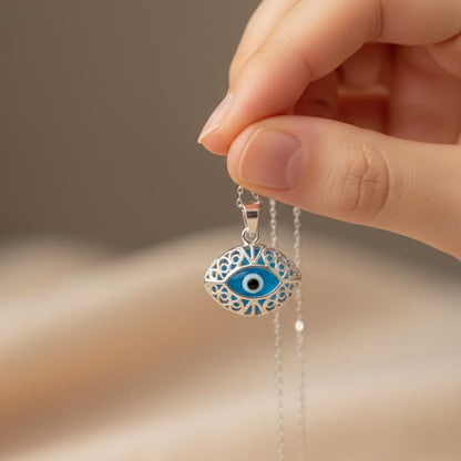MYSTIC JEWELS - Collar Mal de Ojo Mujer en Plata de Ley 925 con Cristal – Colgante Ojo Turco Filigrana, Amuleto de Protección, Regalo Elegante (Ojo)