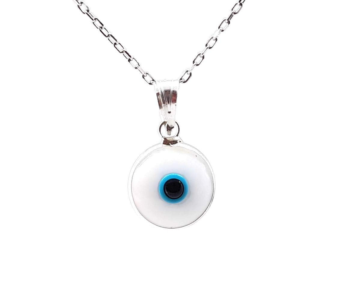 MYSTIC JEWELS by Dalia - Collar mal de ojo de cristal azul para la buena suerte - plata de ley 925 - Cadena 40 a 45 cm Longitud, para la Navidad, Boda, Dia de San Valentin (Blanco)