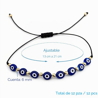 MYSTIC JEWELS - Pulsera Ojo Turco Ajustable – Pack 12 Pulseras de Hilo con Ojos Turcos de Cristal - Pulsera de Protección Unisex – Ajustable 13–21 cm