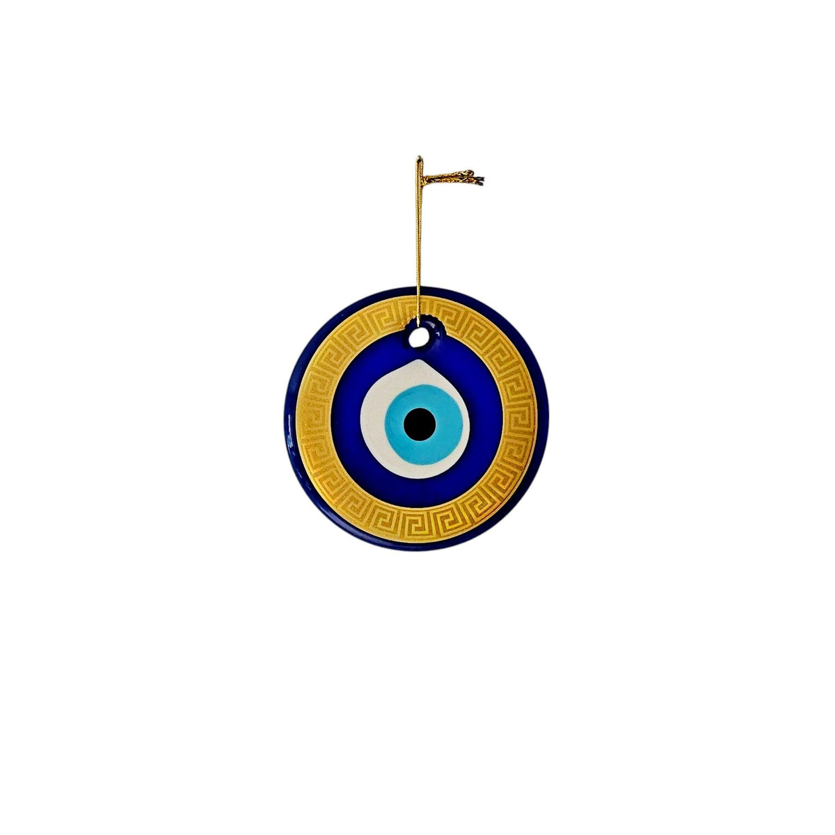 MYSTIC JEWELS Amuleto Ojo Turco de Pared 13 cm – Vidrio con marco dorado y diseño griego – Decoración colgante con cuerda – Caja de regalo incluida