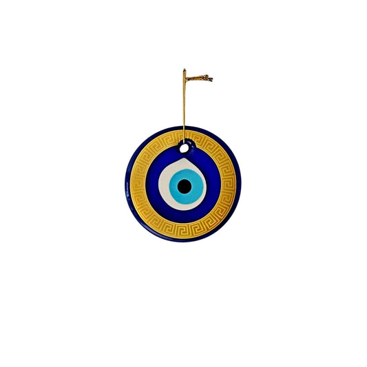MYSTIC JEWELS Amuleto Ojo Turco de Pared 13 cm – Vidrio con marco dorado y diseño griego – Decoración colgante con cuerda – Caja de regalo incluida