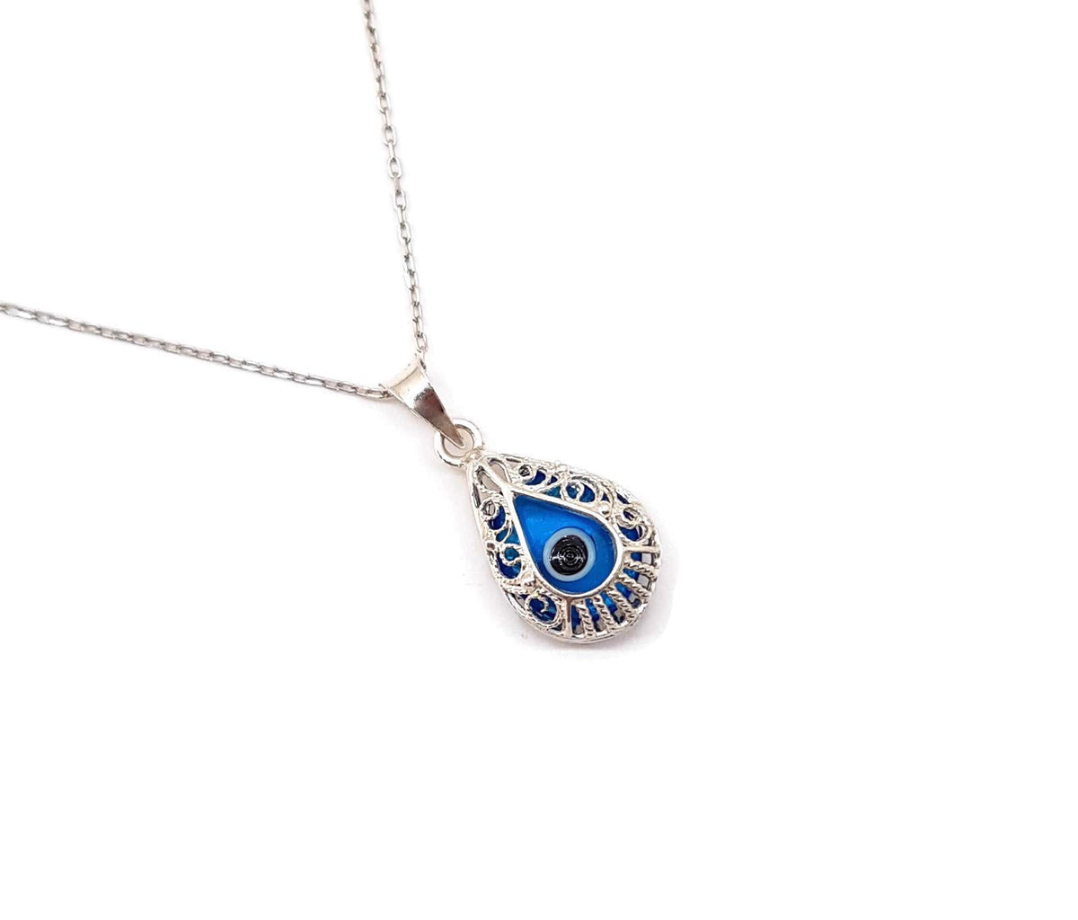 MYSTIC JEWELS - Collar de Mal de Ojo en Plata de Ley 925 - Colgante de Gota con Filigrana Artesanal y Cristal Azul - Amuleto de Protección Ajustable 40-45cm - Joyería Boho para Regalo