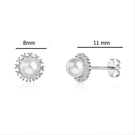 MYSTIC JEWELS - Pendientes de Perla 8 mm con Circonitas en Plata de Ley 925 – Studs Elegantes Minimalistas para Mujer – Cierre de Presión