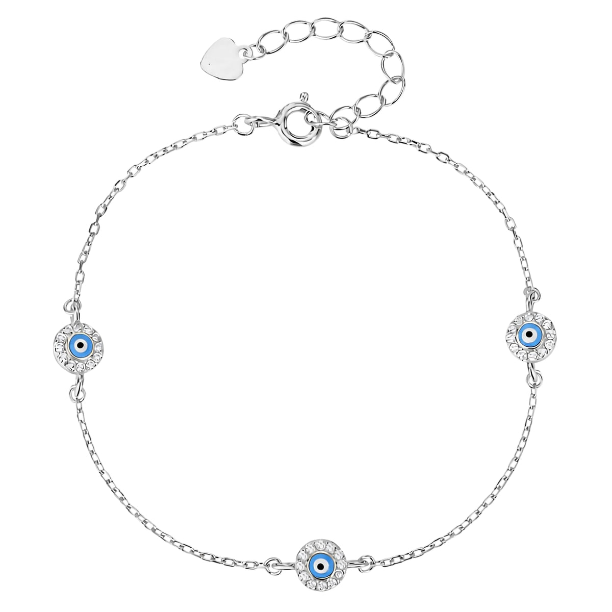 MYSTIC JEWELS - Pulsera Ojo Turco de Plata 925 con Baño de Rodio, 3 Mini Amuletos Evil Eye con Circonitas, Cadena Ajustable 16+3 cm, Joyería de Protección