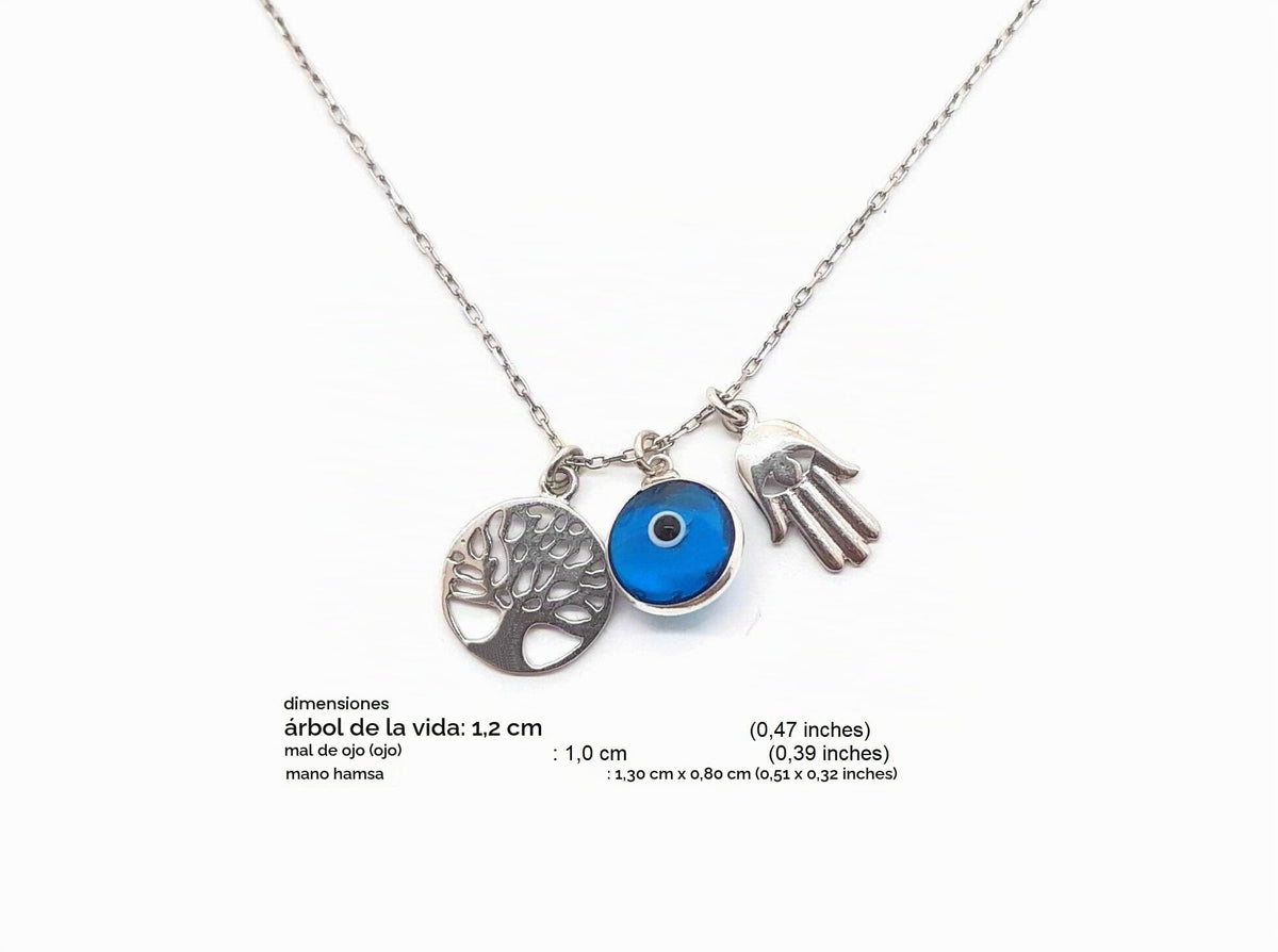 MYSTIC JEWELS - Collar Plata de ley 925 - Tres simbolos, Mano de Fatima & Arbol de la vida & Ojo de la buene suerte