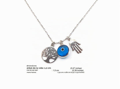 MYSTIC JEWELS - Collar Plata de ley 925 - Tres simbolos, Mano de Fatima & Arbol de la vida & Ojo de la buene suerte