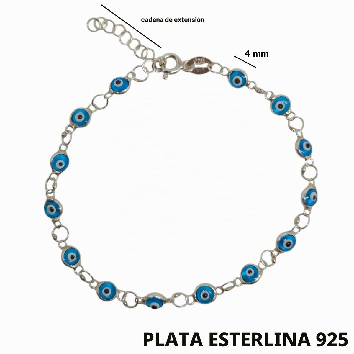 MYSTIC JEWELS - Pulsera de Plata de Ley 925 con Ojitos de la Buena Suerte, 14 Ojitos de 4 mm, con Extensión de Cadena