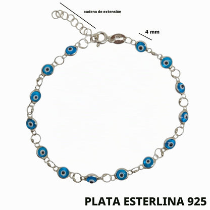 MYSTIC JEWELS - Pulsera de Plata de Ley 925 con Ojitos de la Buena Suerte, 14 Ojitos de 4 mm, con Extensión de Cadena