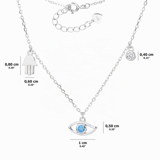 MYSTIC JEWELS - Collar de Plata con Dijes de Mano Hamsa (Hamsa), Ojo Turco y Circonita Cúbica – Ajustable con Extensión – Incluye Bolsita de Regalo
