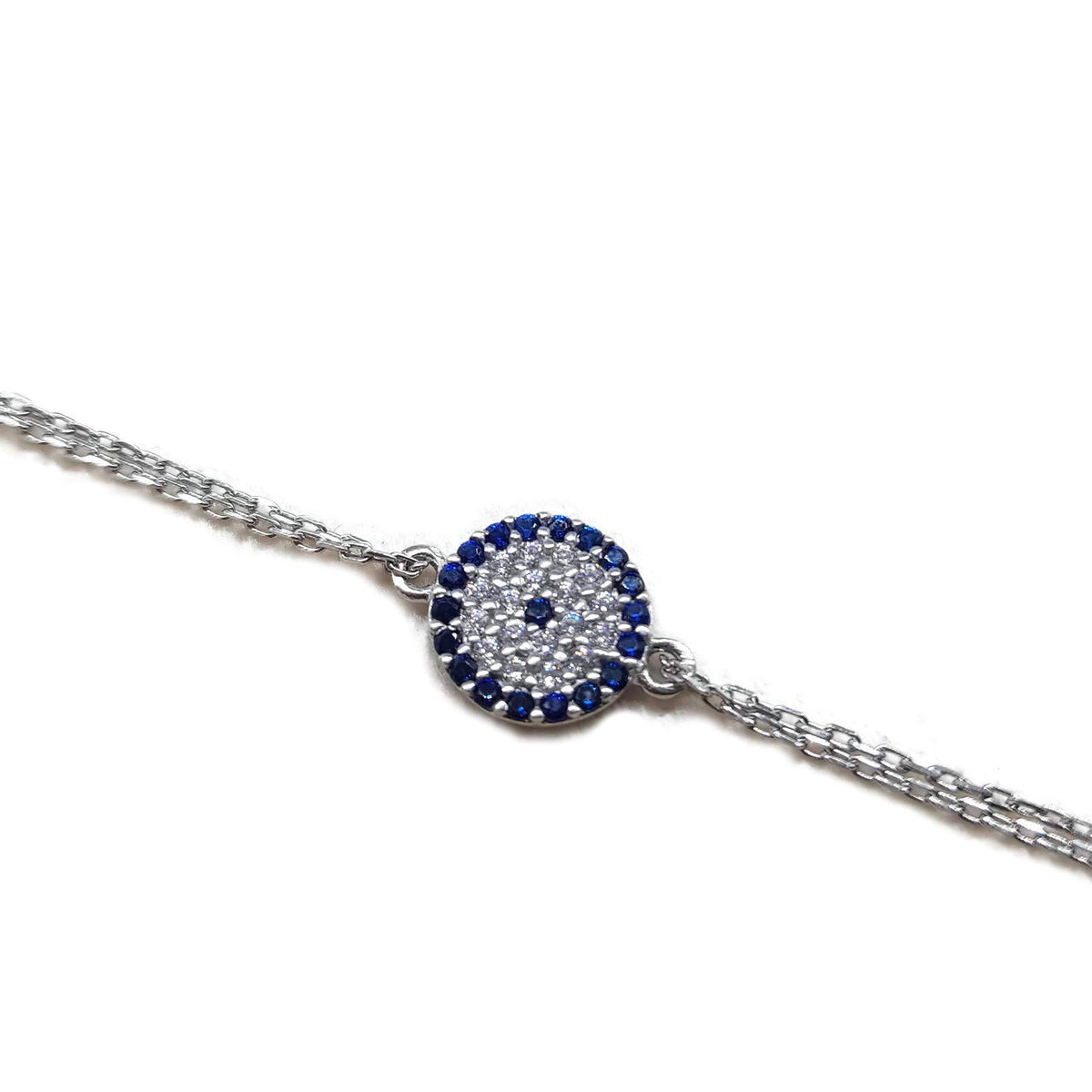 MYSTIC JEWELS by Dalia - Pulsera de ojo turco motif circonitas - double cadena 16-18 cm ajustable (Plata)