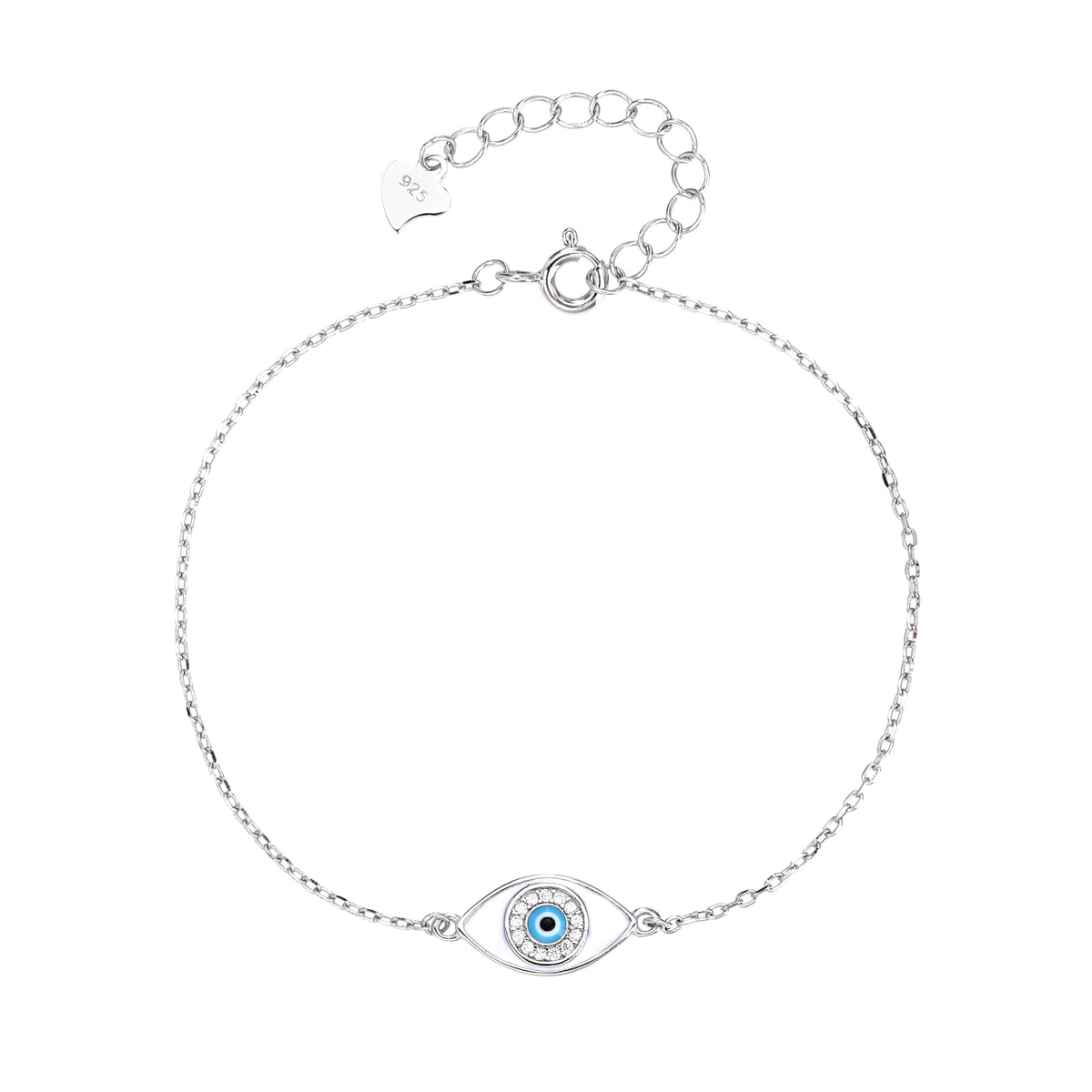 MYSTIC JEWELS – Pulsera de Cadena con Ojo Protector en Plata de Ley 925 – Esmalte Blanco y Azul – Estilo Fino y Minimalista – Ajustable 16 + 3 cm – Incluye Bolsita Regalo