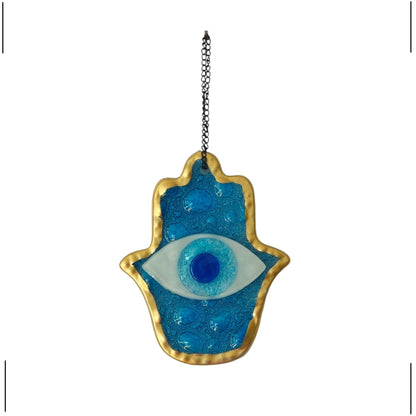 MYSTIC JEWELS - Adorno de Pared Vidrio, Ojo Turco y Mano de Fátima, Azul, Marco Dorado, Tres Tamaños, para Buena Suerte (Mediano)