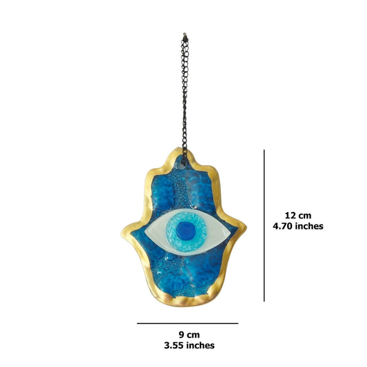 MYSTIC JEWELS - Adorno de Pared Vidrio, Ojo Turco y Mano de Fátima, Azul, Marco Dorado, Tres Tamaños, para Buena Suerte