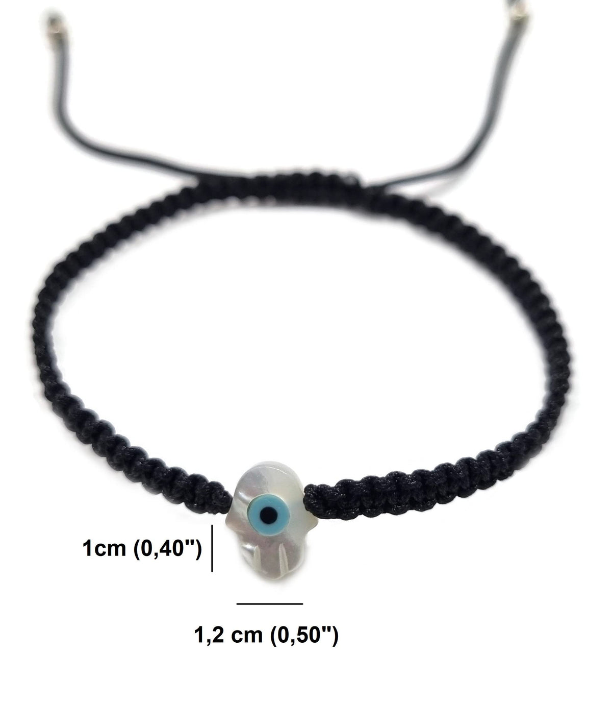 MYSTIC JEWELS By Dalia - Pulsera hilo de macrome Rojo con nácar y ojo turco, para buena suerte, protección Mal de Ojo, Good Luck (Mano - Negro)