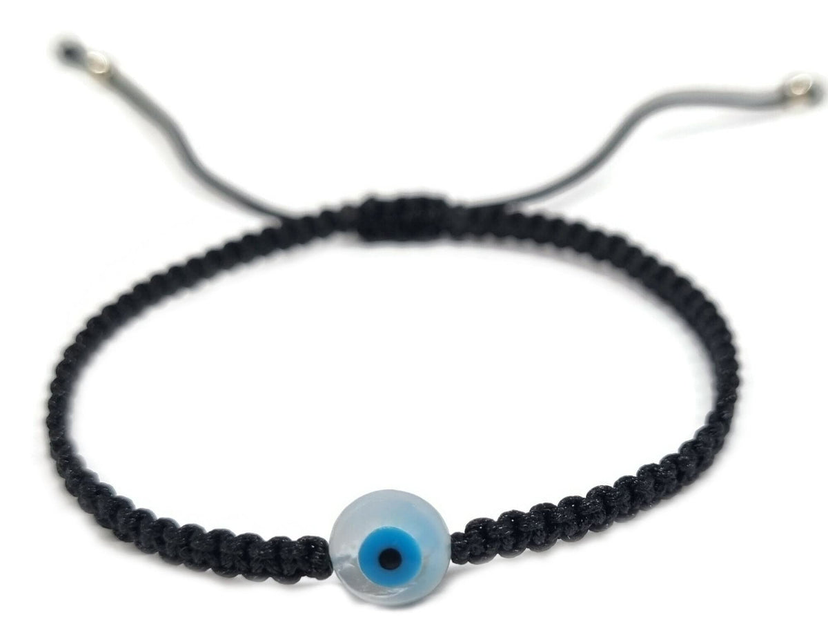 MYSTIC JEWELS By Dalia - Pulsera hilo de macrome Rojo con nácar y ojo turco, para buena suerte, protección Mal de Ojo, Good Luck (Redondo - Negro)