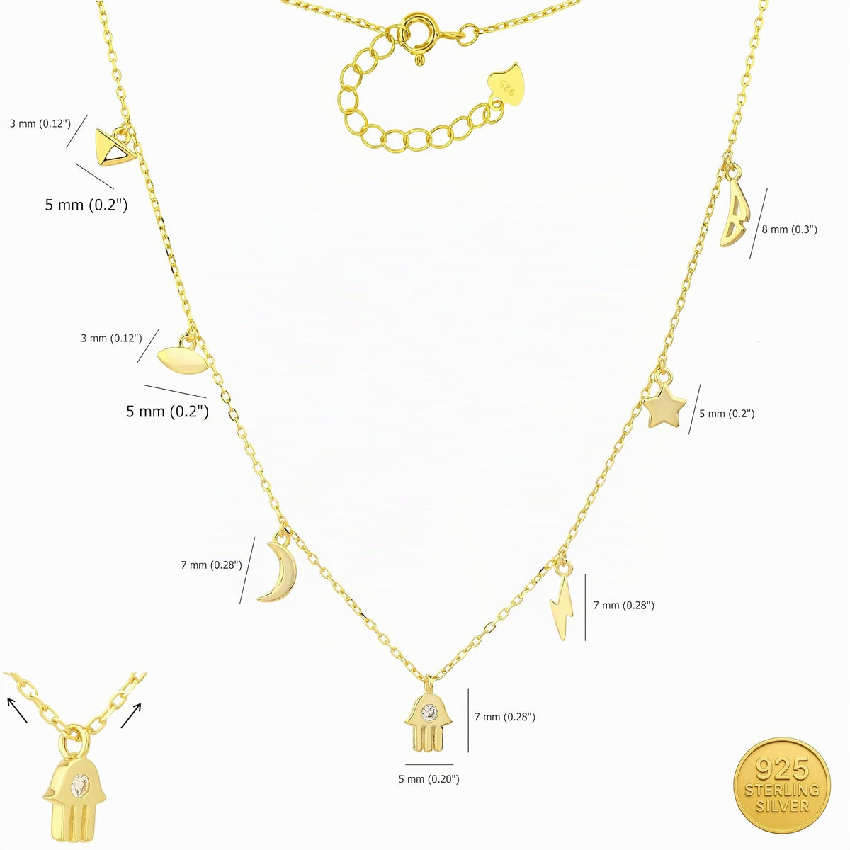 MYSTIC JEWELS - Collar Plata 925 Bañada en Oro – 7 Dijes: Triángulo, Ojo, Luna, Estrella, Rayo, Alas y Mano de Fátima con Circonita, Ajustable con Caja de Regalo