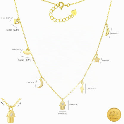 MYSTIC JEWELS - Collar Plata 925 Bañada en Oro – 7 Dijes: Triángulo, Ojo, Luna, Estrella, Rayo, Alas y Mano de Fátima con Circonita, Ajustable con Caja de Regalo