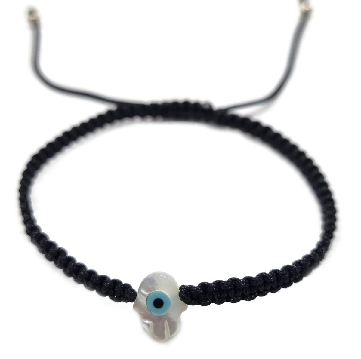 MYSTIC JEWELS By Dalia - Pulsera hilo de macrome Rojo con nácar y ojo turco, para buena suerte, protección Mal de Ojo, Good Luck (Mano - Negro)
