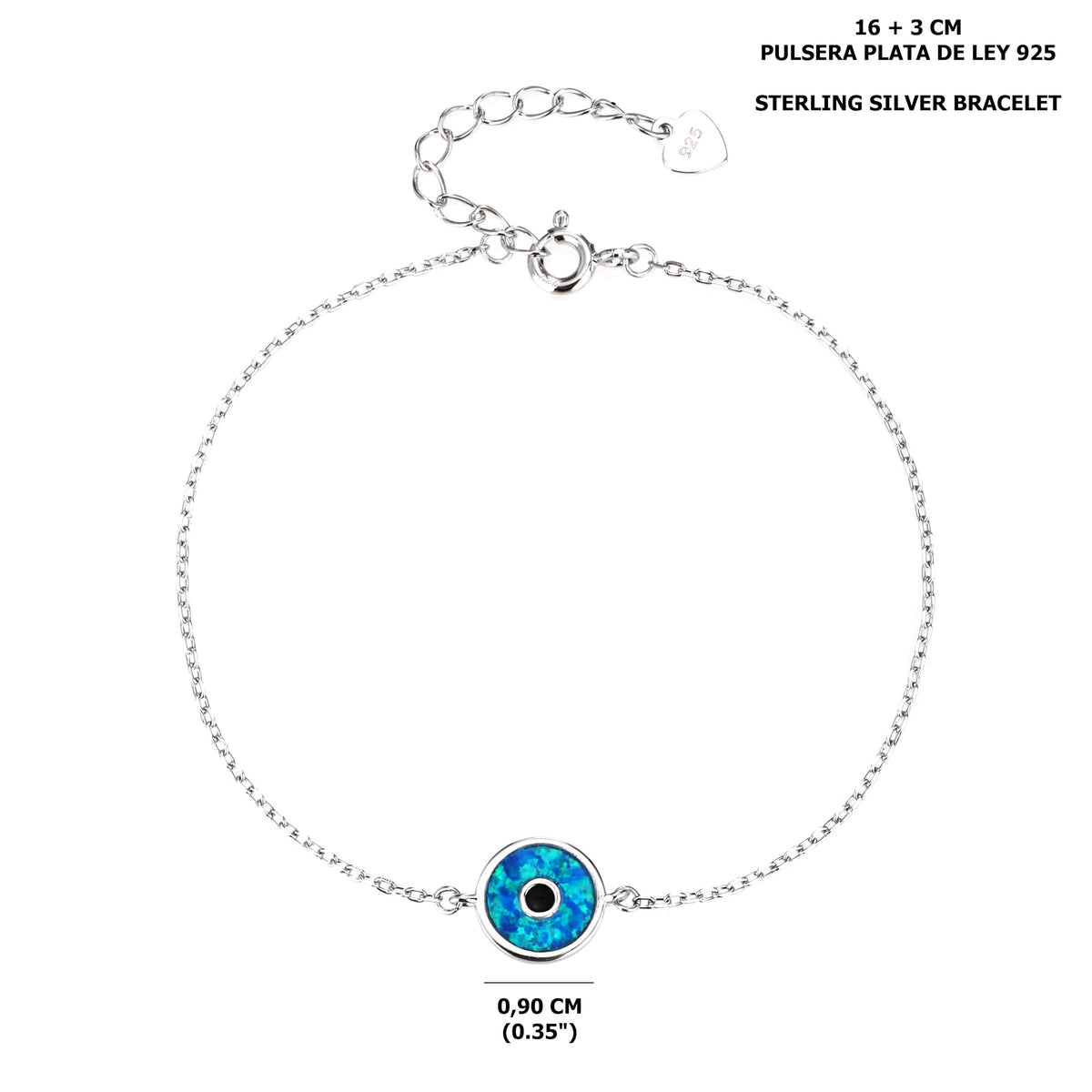 MYSTIC JEWELS – Pulsera Ojo Turco de Ópalo Sintético – Plata de ley 925 con Baño de Rodio – Diseño Redondo Elegante – Ajustable 16 + 3 cm – Con Bolsita de Regalo